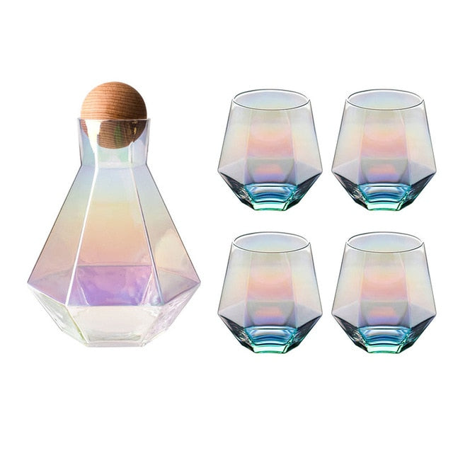 Crystal Glass Hexagonal Juice Pitcher Cup Set Cold Kettle Transparent  Stained Glass Juice Jugs Diamond Tea