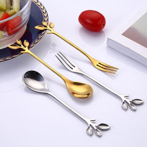 Leaves Coffee Drink Mixing Spoon Fork Tableware